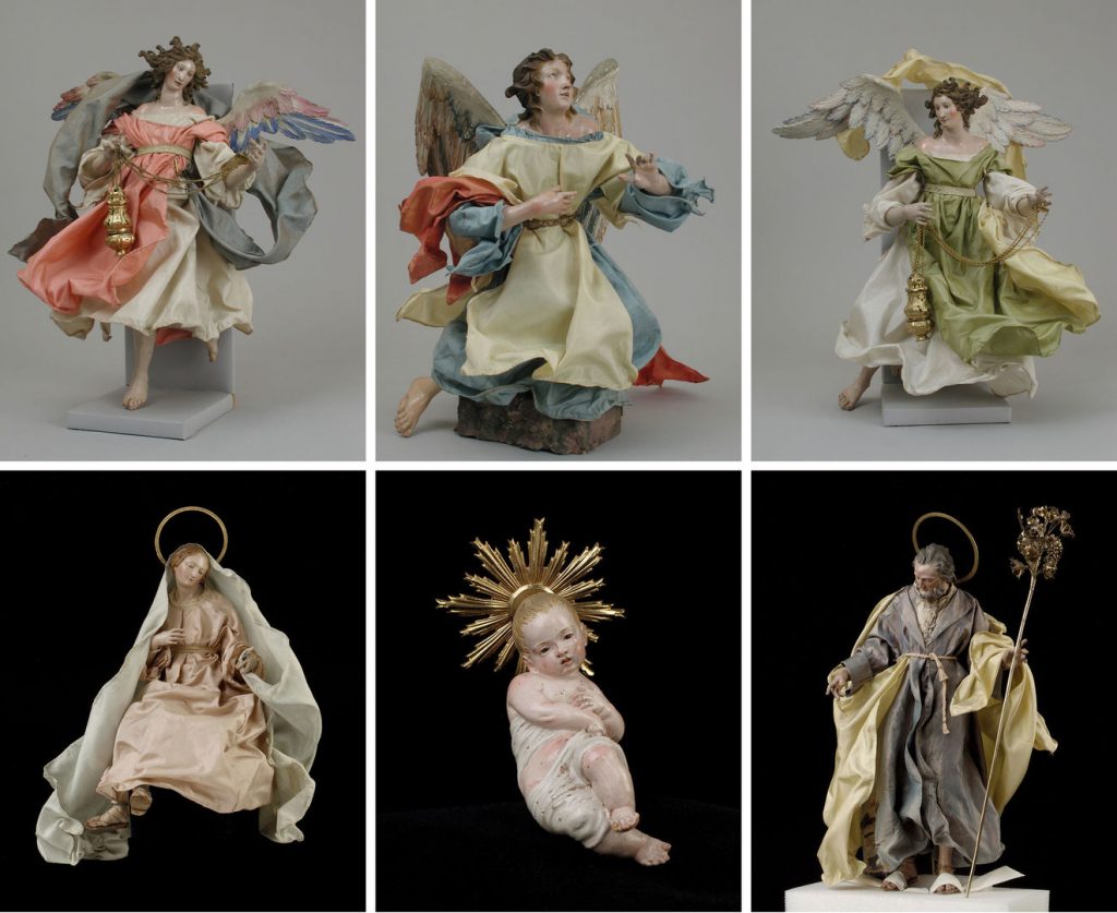 Figurines from the Met's Neapolitan Baroque crèche attributed to Salvatore di Franco (active 18th century). Clockwise from top left: Angel, Angel, Angel, St. Joseph, Infant Jesus, Virgin, second half of 18th century. Italian, Naples. Photo courtesy of the Metropolitan Museum of Art, New York, Gift of Loretta Hines Howard, 1964.