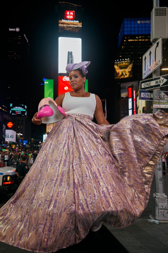 Pamela Council with the model for <em>A Fountain for Survivors</em> in Times Square, New York. Photo by Alex Webster courtesy of Times Square Arts.