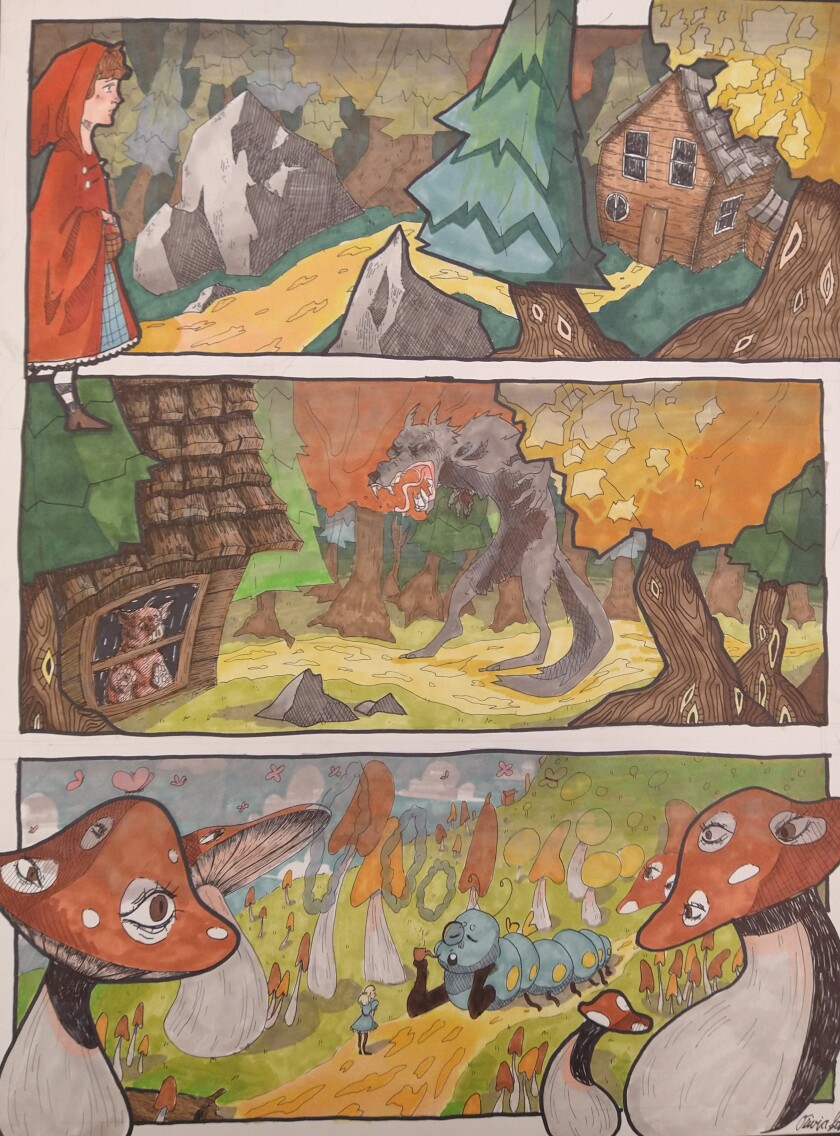 Triptych of Red Riding Hood approaching Grandmother's cabin, a Little Pig hiding from the Big Bad Wolf, and mushrooms watching Alice and the Caterpillar from European fairy tales. By high school student Olivia Sethre