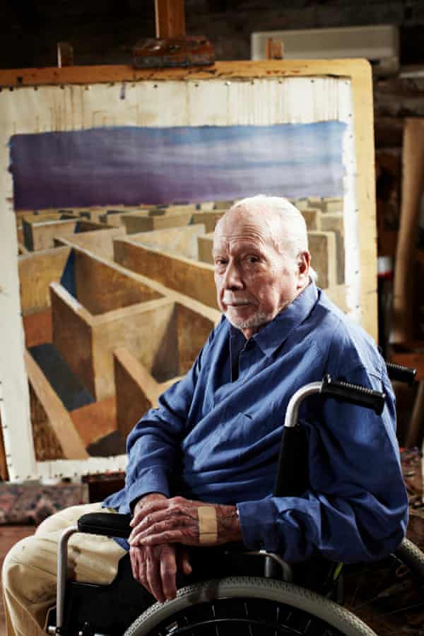 Jeffrey Smart in his studio in Arezzo, Italy in 2011 in front of his final work, Labyrinth