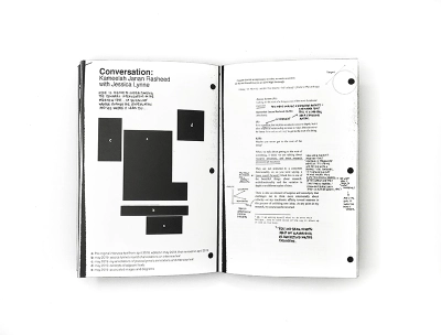 A book is open to a spread with collaged texted and photocopied handwritten notes in the margins