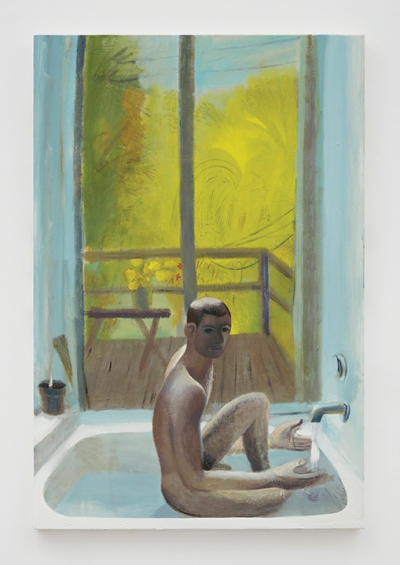 A portrait of a slender nude man in a bathroom. There's a view of a balcony with a yellow-green field in the background indicating foliage