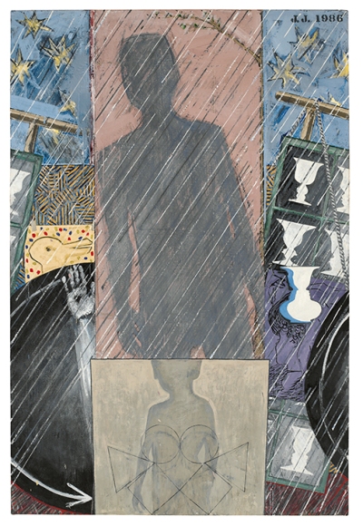 A painting divided into several sections that variously show a man's shadow, an optical illusion that can be seen either as a vase or two faces, a skeletal hand in white on black, as if seen through an X-ray, and so on.