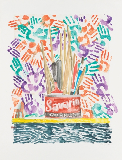 A print showing paintbrushes standing upright in a coffee tin, surrounded by red, green, and purple handprints
