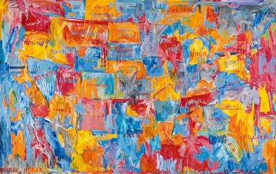 A painting of the map of the United States, with the states rendered in expressive strokes of blue, yellow, and red, and their names written on with stencils