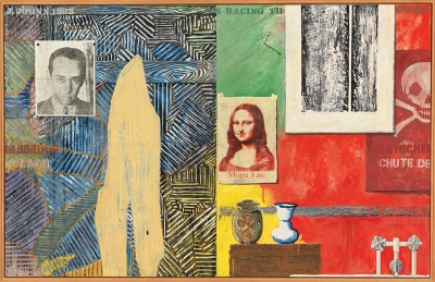 A painting of images and objects arranged across two panels, one of which is painted in hatchmarks, the other of which is defined by solid planes of color.