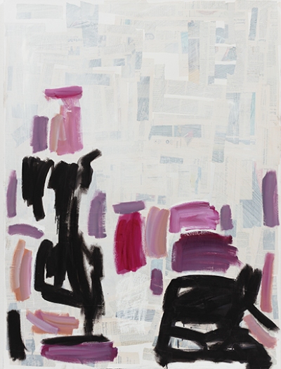 An abstract painting with rectangles of pink, purple, and black over a pale background that includes newspaper clippings covered with paint