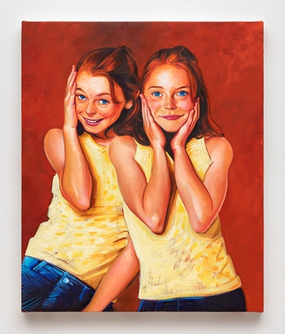 A painting of twin girls with red hair, wearing identical yellow halter tops and blue jeans