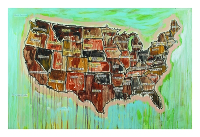 A painting of a map of the United States, with the names of states replaced by names of colors