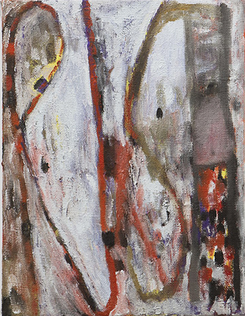 An abstract painting dominated by sinuous lines that vaguely suggest lettering