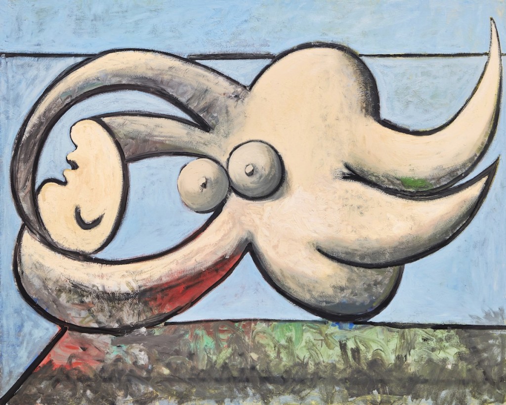 Painting of an abstracted nude woman in repose.