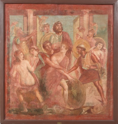 A fresco in rose-toned hues depicts Achilles wearing a dress and surrounded by other figures in a retelling of a myth.