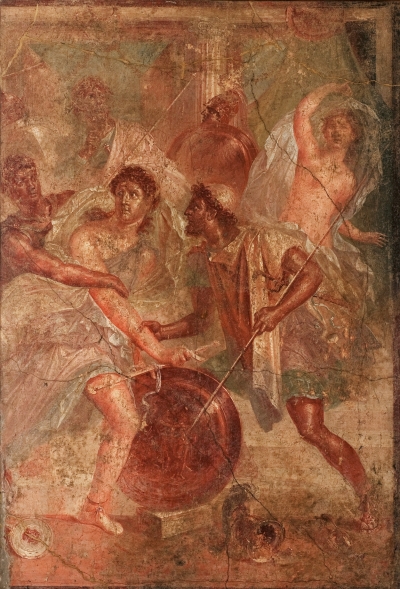 A fresco in deep reddish-brown hues depicts Achilles wearing a dress and surrounded by other figures in a retelling of a myth.