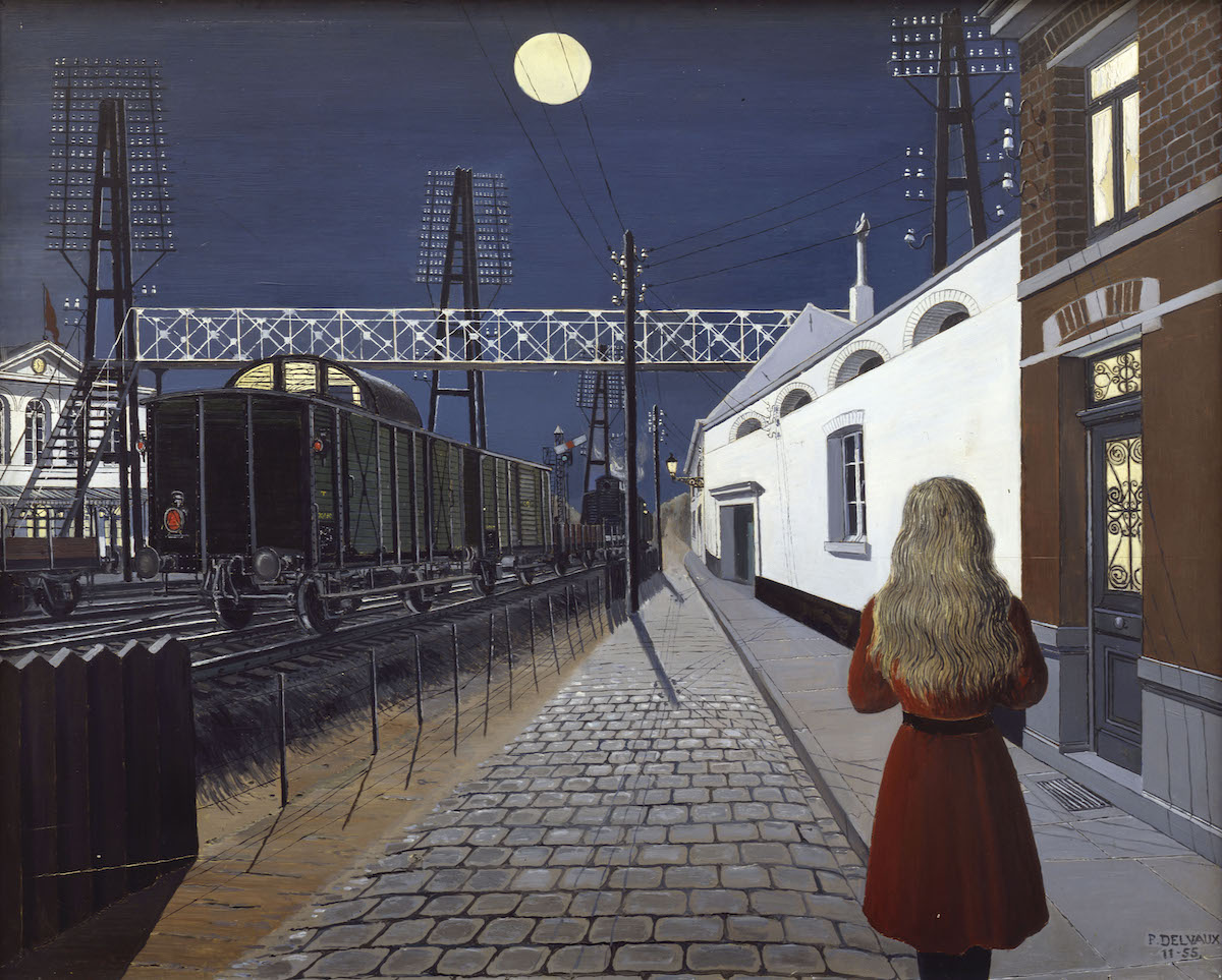 Painting of a woman seen from behind staring out at a vacant train station cast in moonlight.