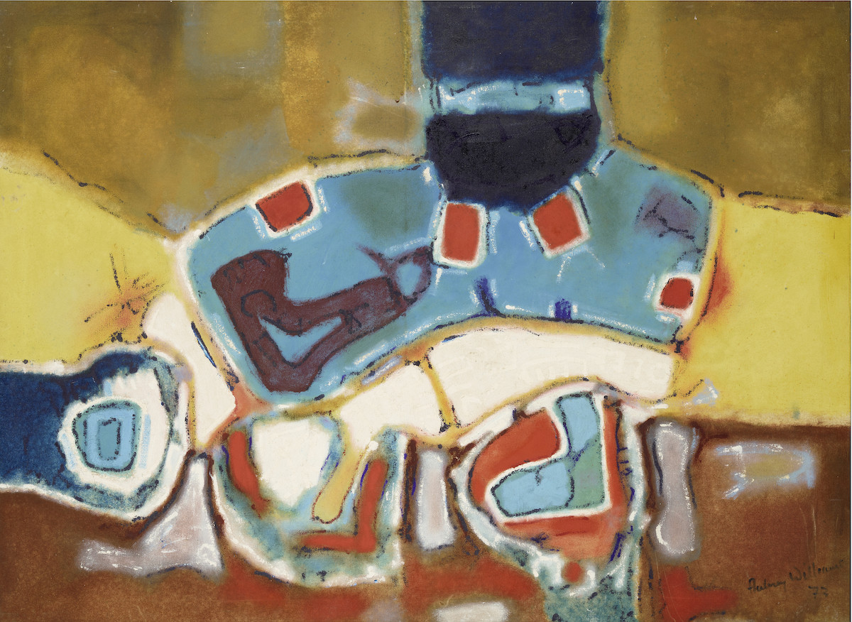 Abstraction featuring blotchy red, cerulean blue, and mustcard-colored forms. Figures appear to emerge from the abstraction.