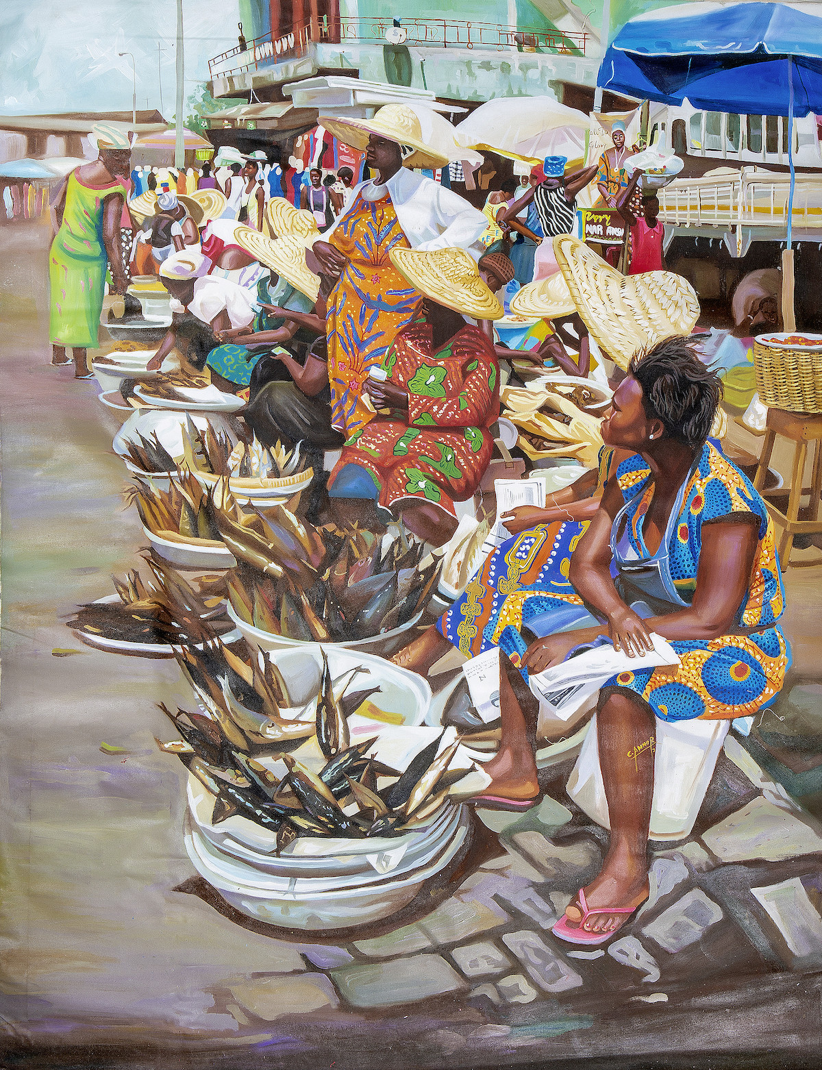 Painting of a street scene featuring merchants selling their wares.