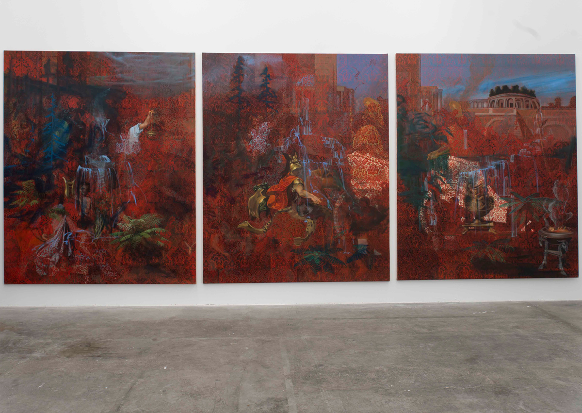 A triptych of three canvases showing slightly abstracted paintings that show Alexander entering Babylon below and have various layers on top on them. The three works are installed in a gallery with a concrete floor. 