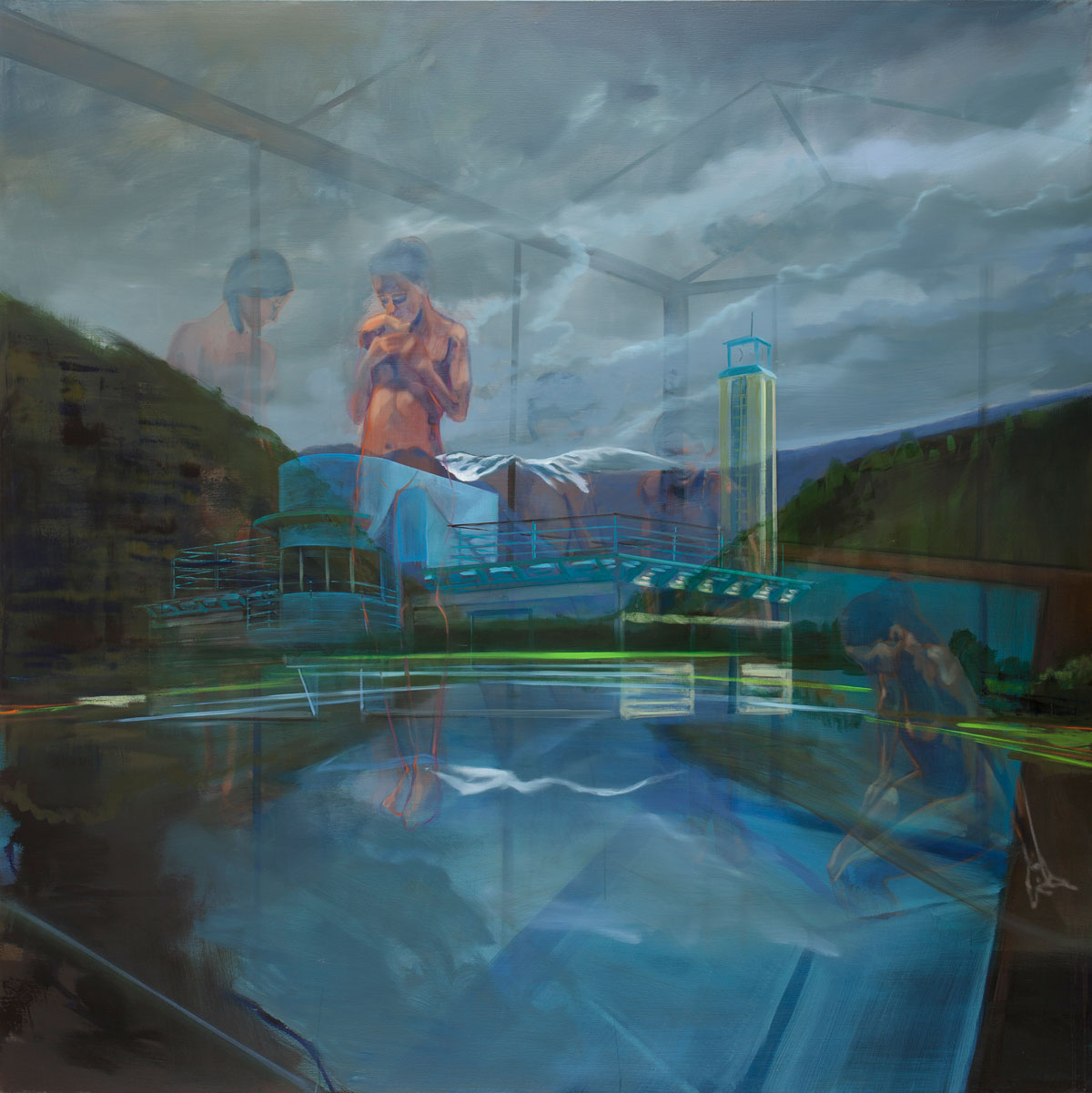 A painting that shows a composite of three nude women, a modern architecture house, and a body of water that are layered on top of each other in a translucent way.