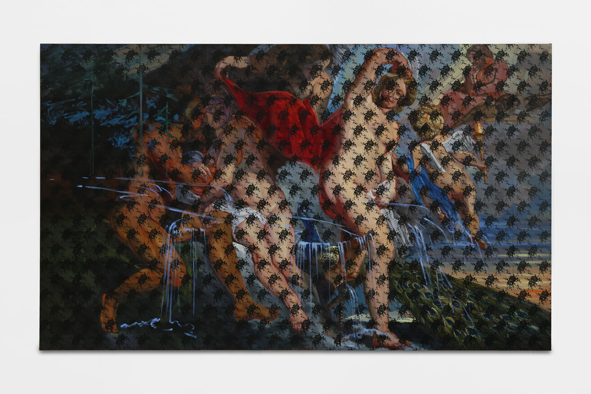 A painting by Rubens of nude figures in a pastoral landscape that has been abstracted by a repeating pattern over it. 
