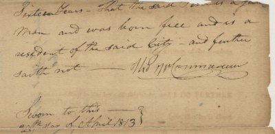 A detail of an archival piece of paper showing the signature in cursive of Thomas Commeraw.