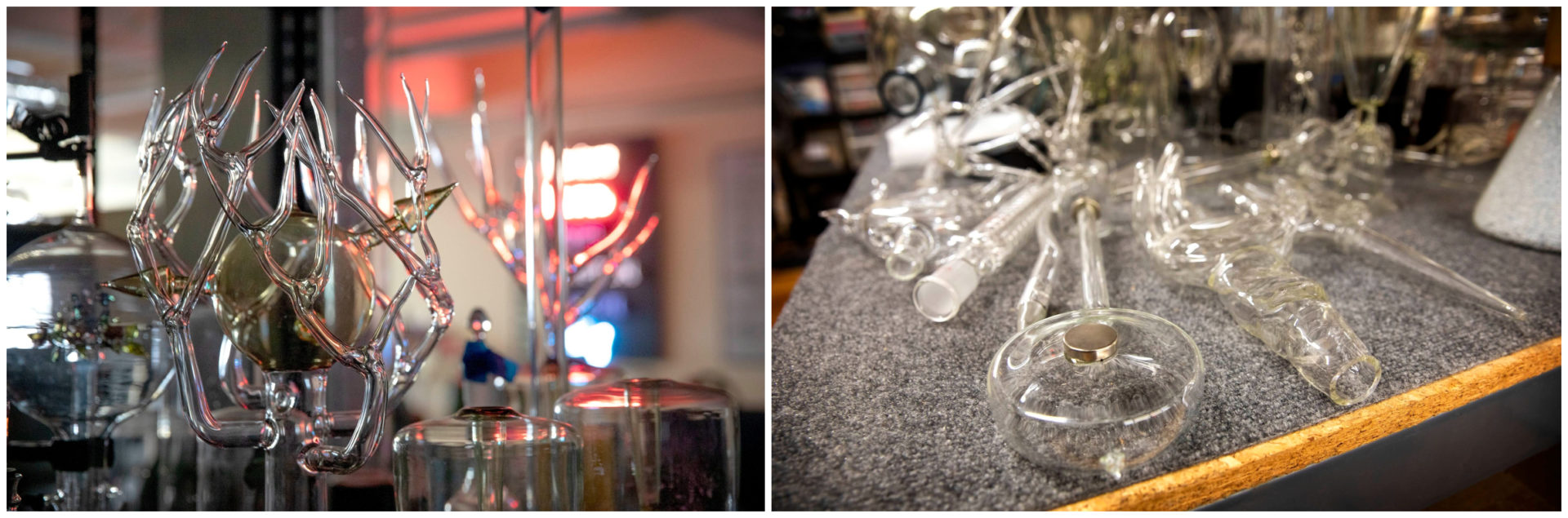 Glass artifacts created by glass and plasma sculptor Wayne Strattman. (Robin Lubbock/WBUR)